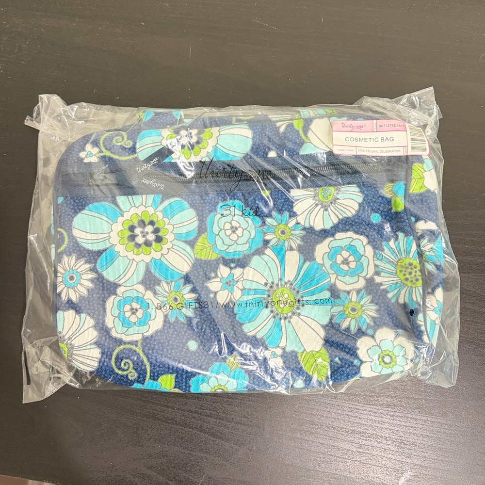 Thirty-One Cosmetic Bag Floral Celebration Blue Green Travel Makeup Pouch 275D-3